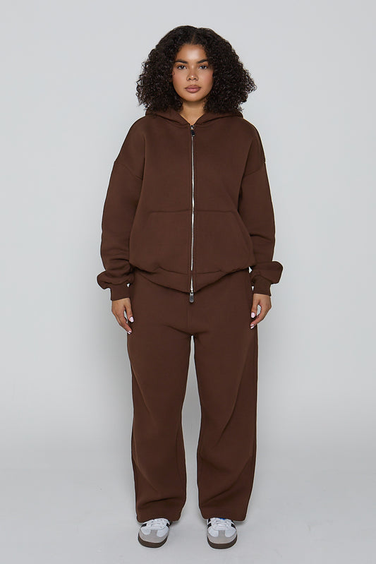 Relaxed Fit Zip Up Hoodie- Chocolate Brown