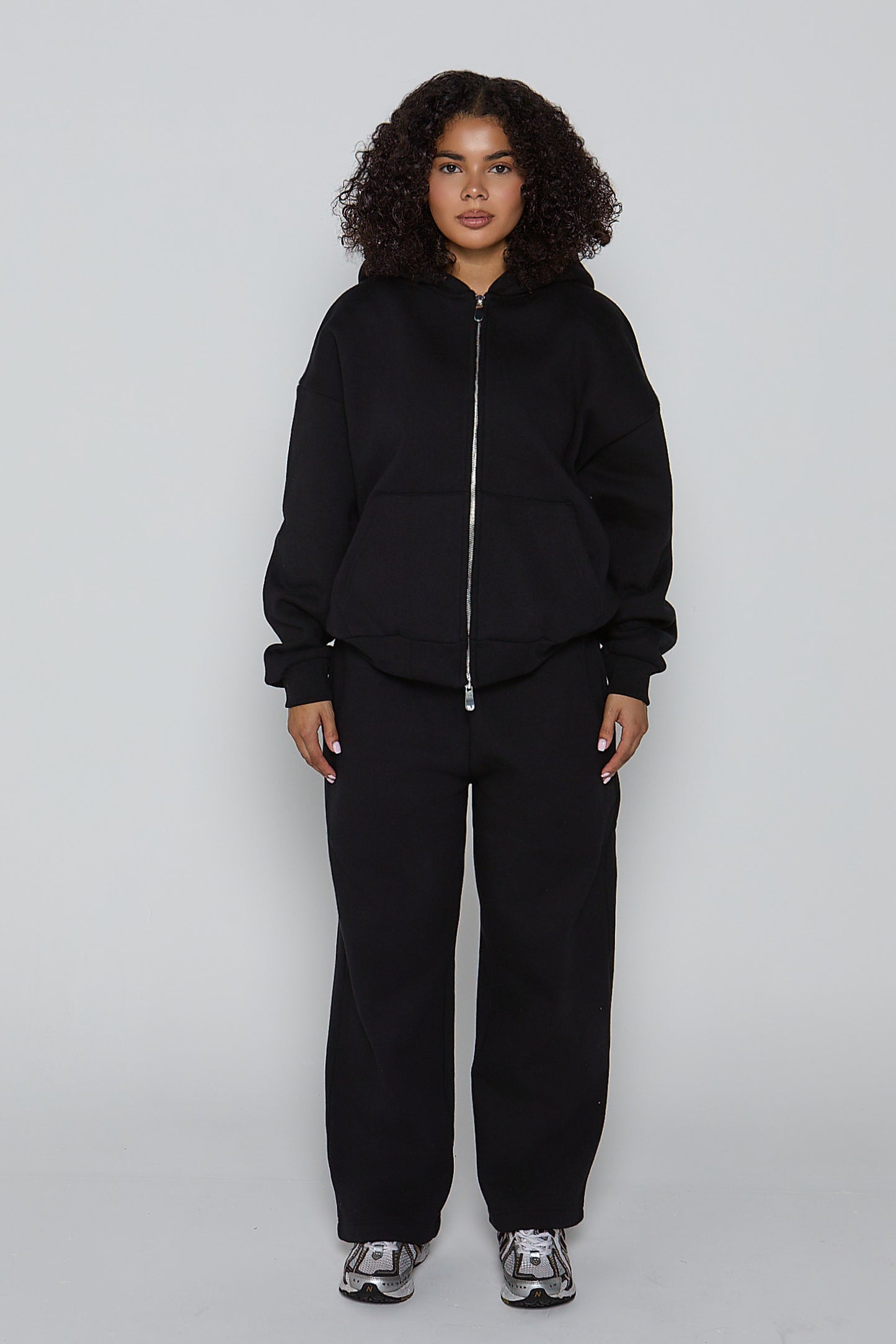Relaxed Fit Zip Up Hoodie- Black
