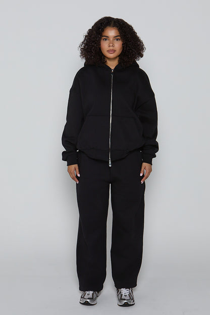 Relaxed Fit Zip Up Hoodie- Black