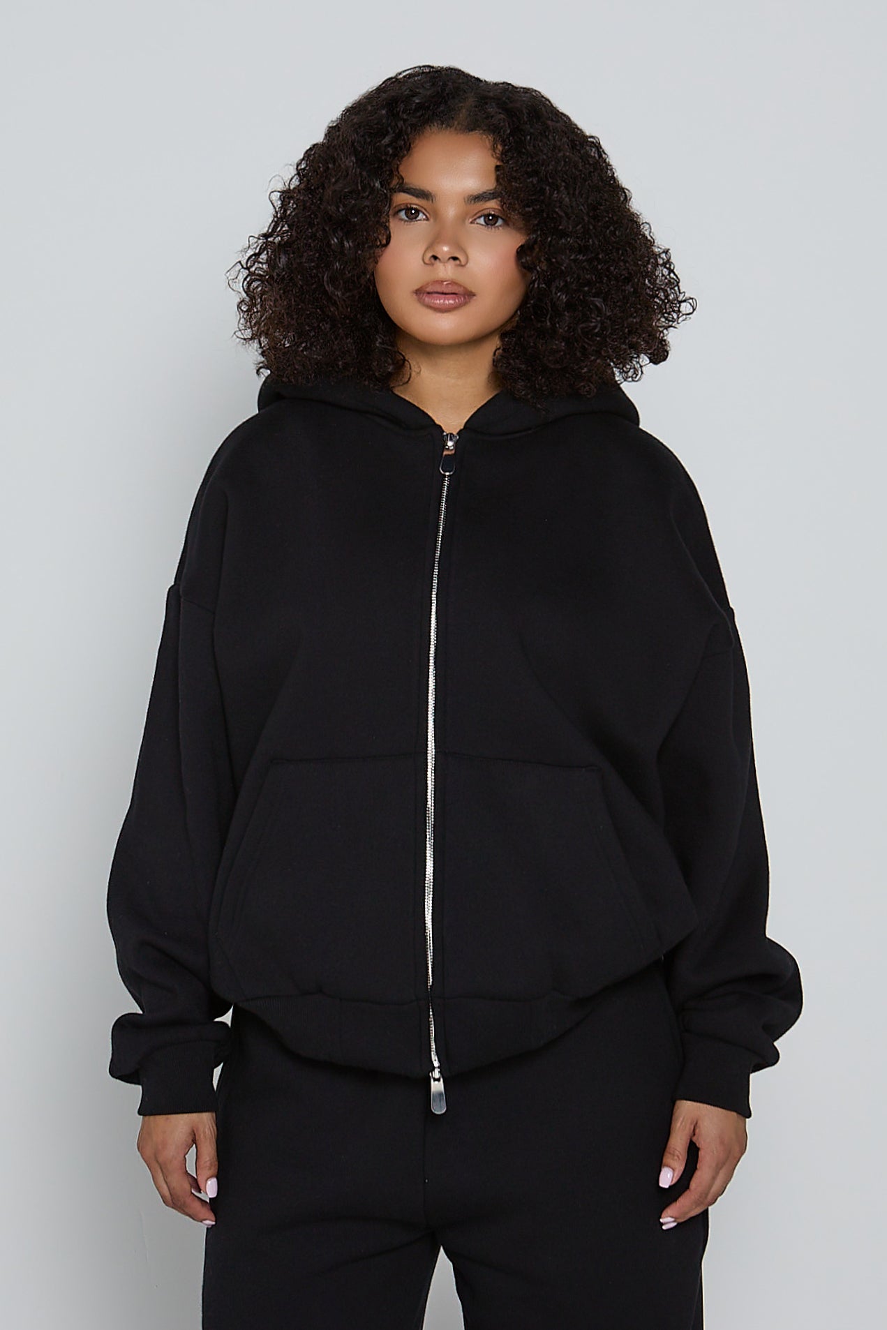 Relaxed Fit Zip Up Hoodie- Black
