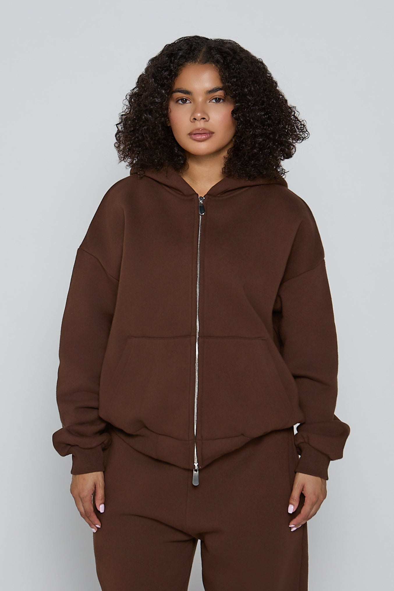Relaxed Fit Zip Up Hoodie- Chocolate Brown