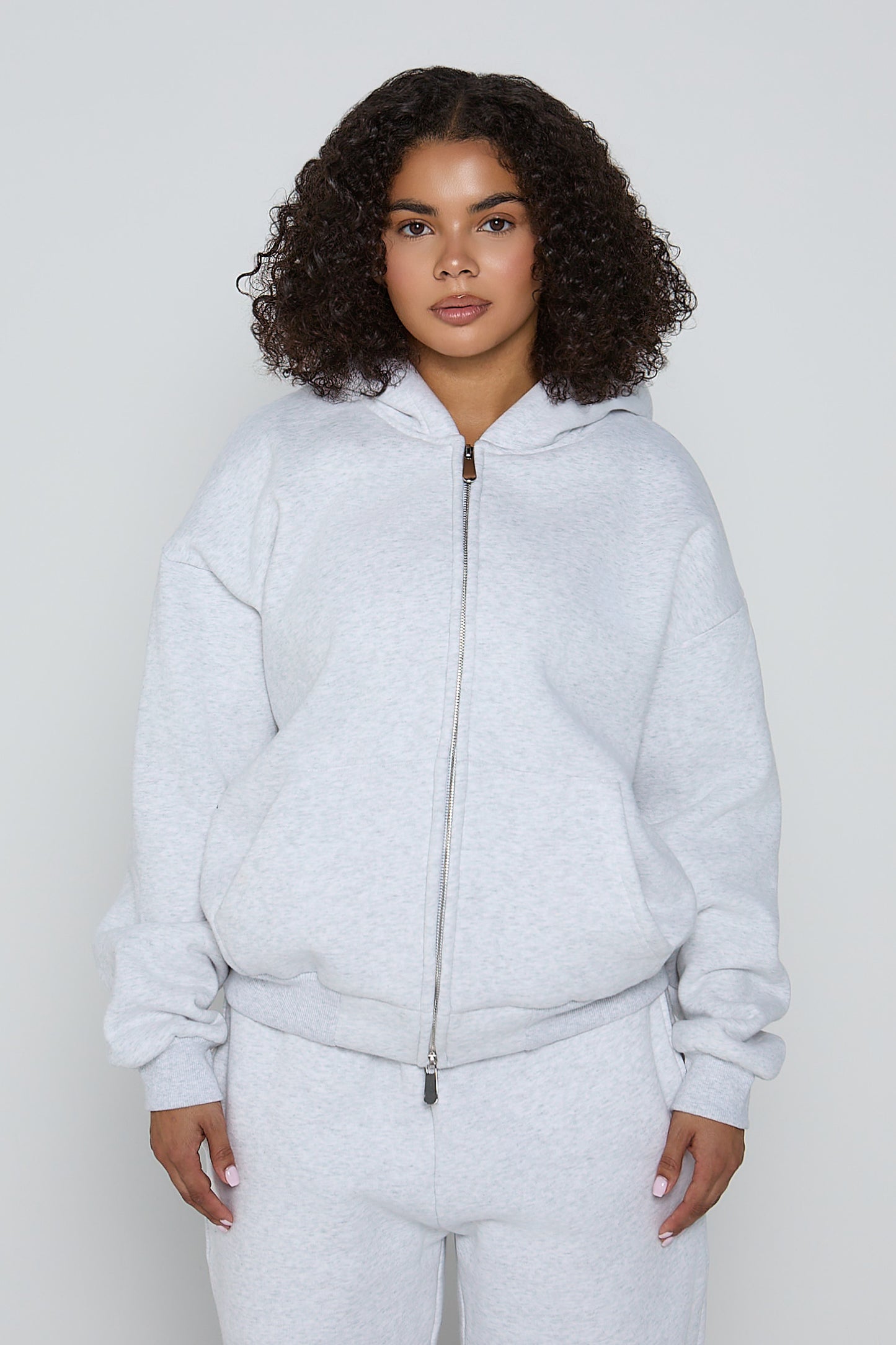 Relaxed Fit Zip Up Hoodie- Cloud Grey