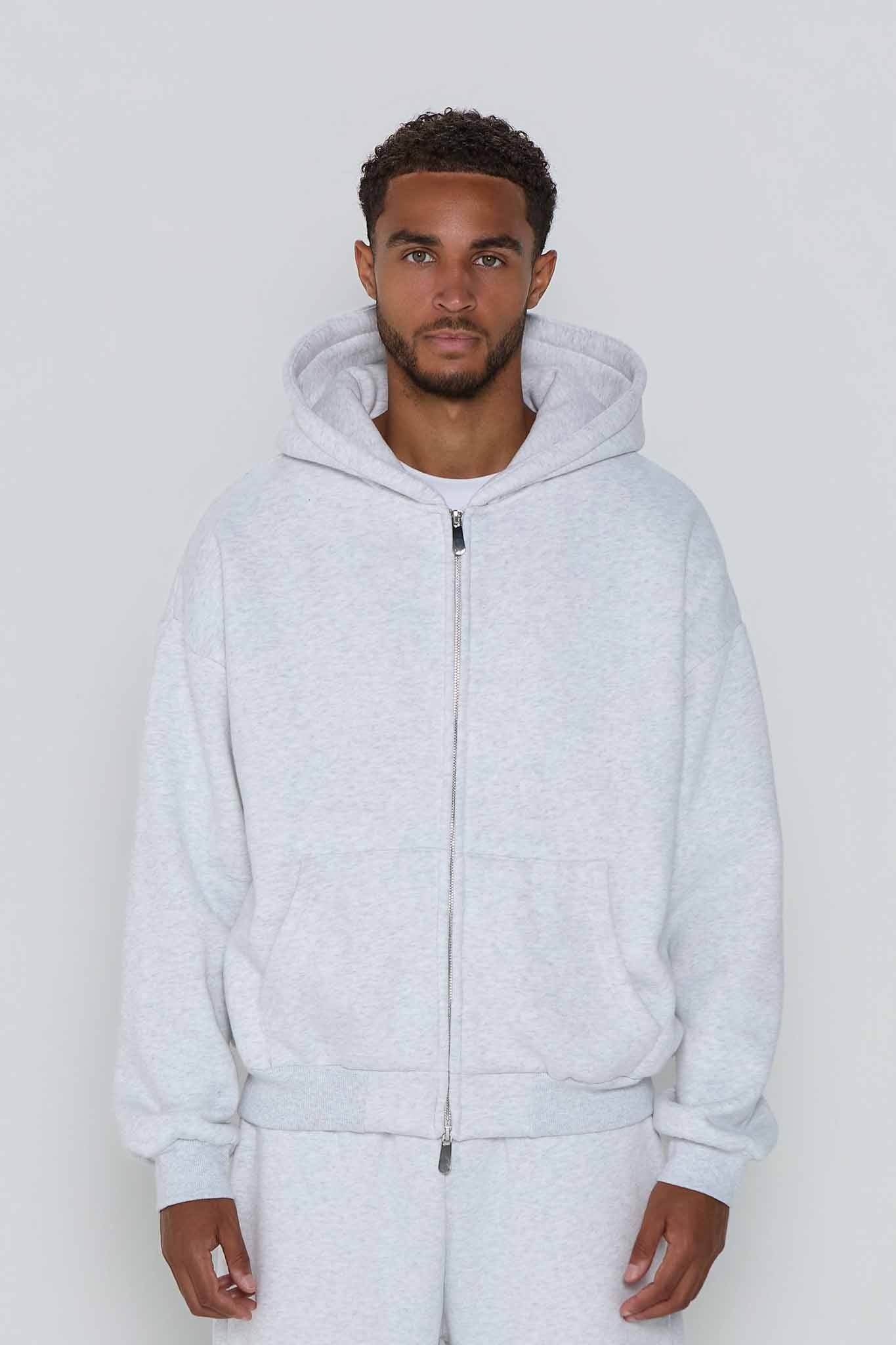 Relaxed Fit Zip Up Hoodie- Cloud Grey