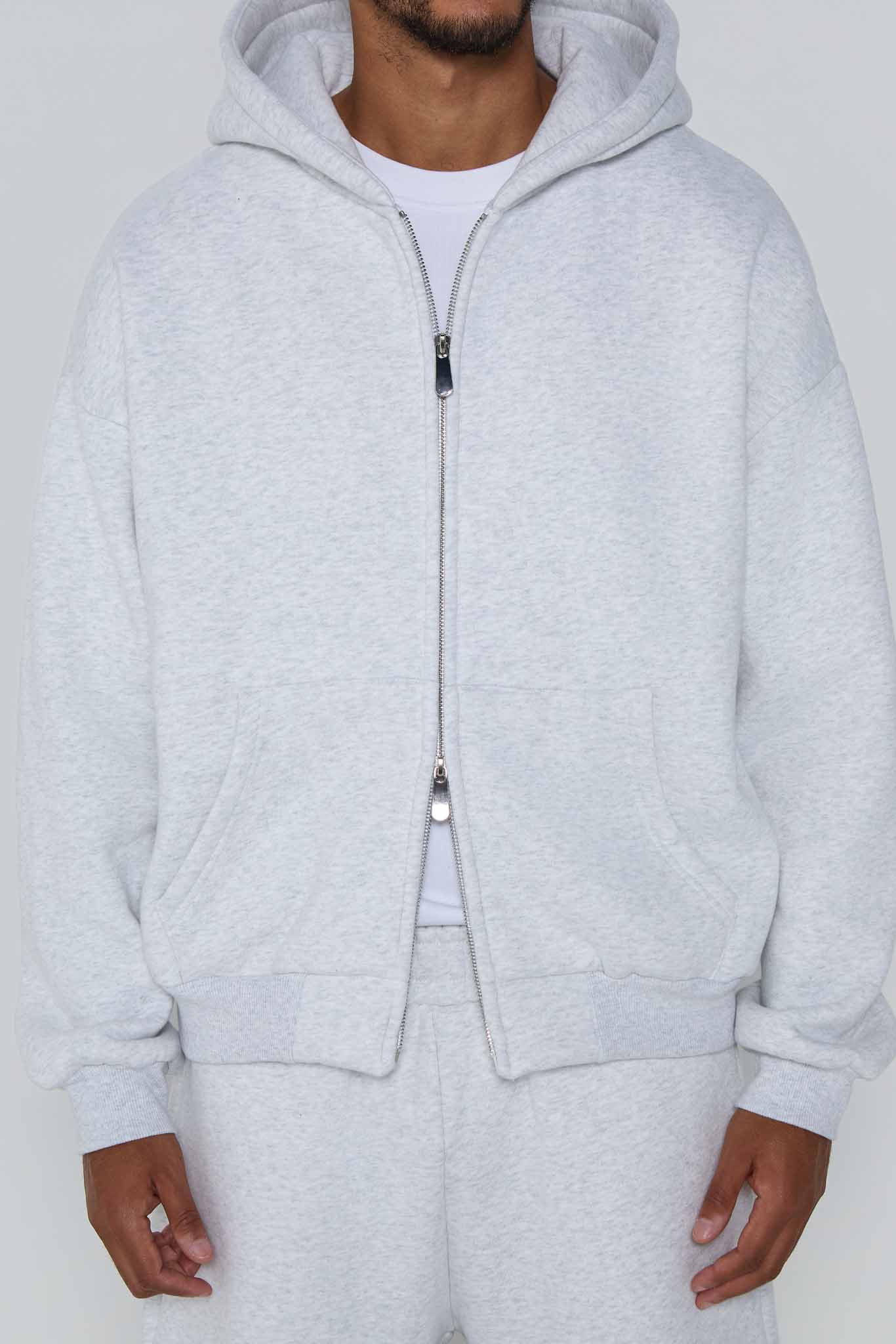 Relaxed Fit Zip Up Hoodie- Cloud Grey