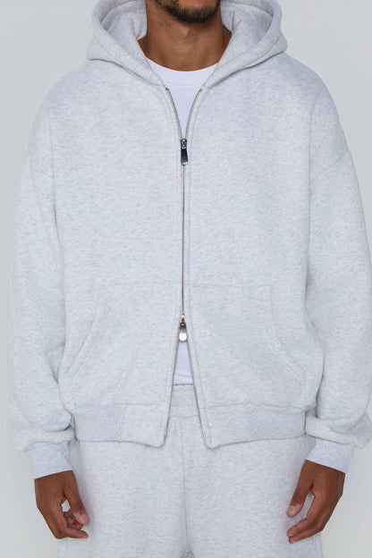 Relaxed Fit Zip Up Hoodie- Cloud Grey