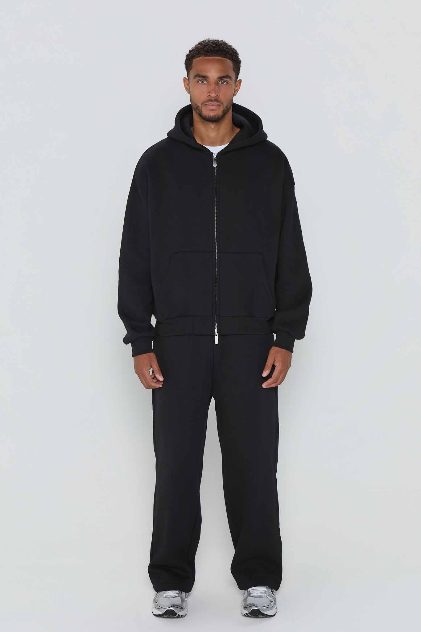 Relaxed Fit Zip Up Hoodie- Black