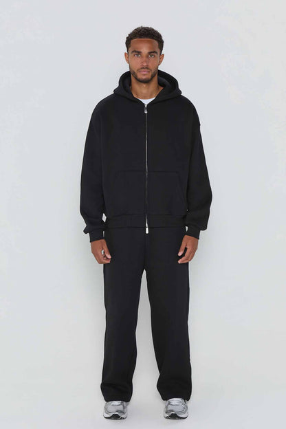 Relaxed Fit Zip Up Hoodie- Black