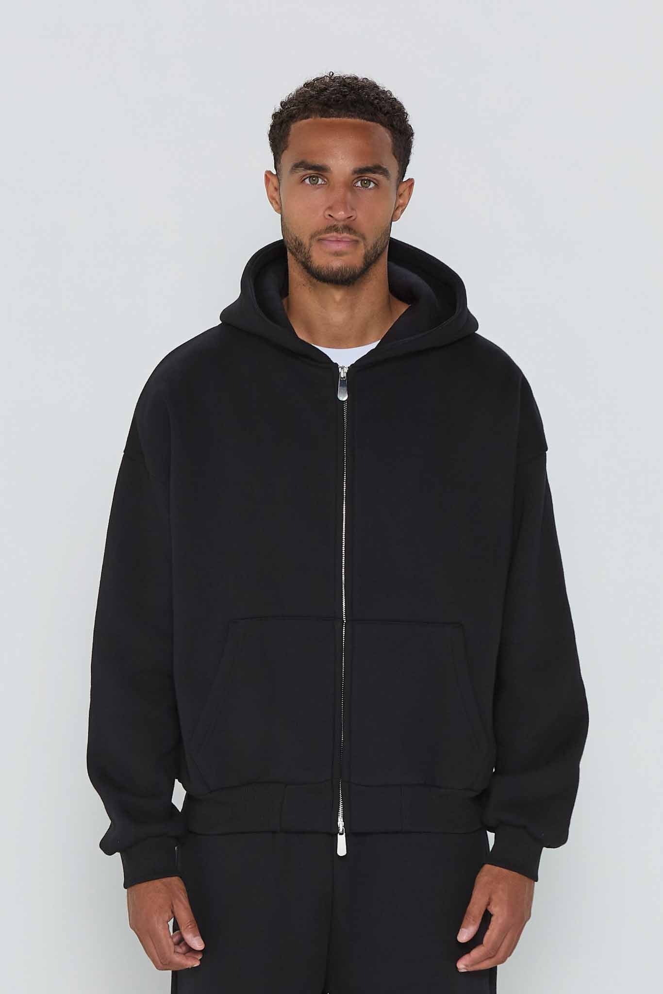 Relaxed Fit Zip Up Hoodie- Black