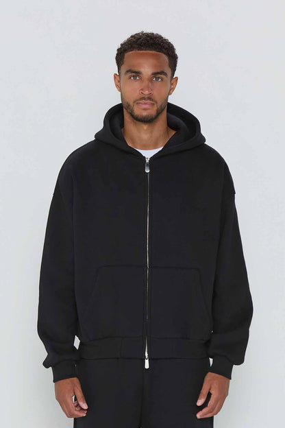 Relaxed Fit Zip Up Hoodie- Black