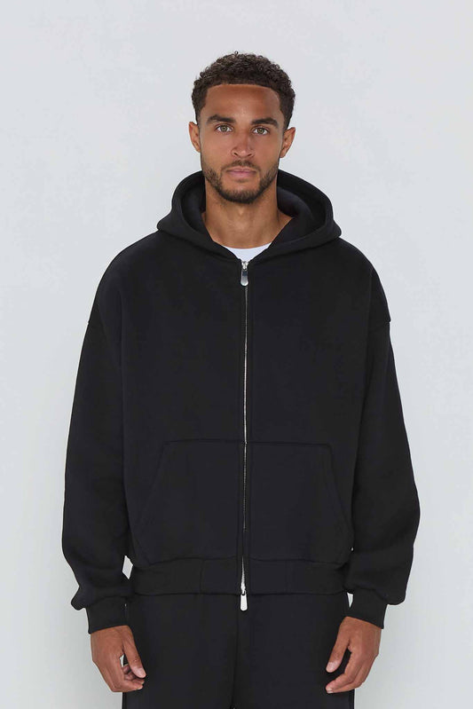 Relaxed Fit Zip Up Hoodie- Black
