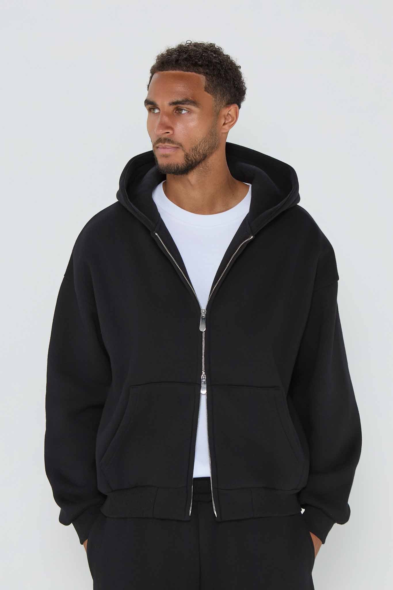Relaxed Fit Zip Up Hoodie- Black