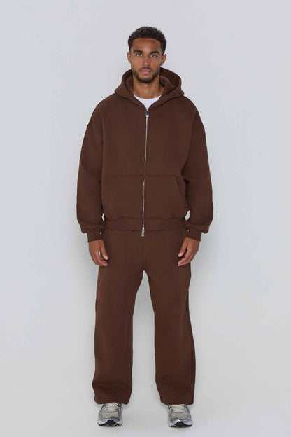 Relaxed Fit Zip Up Hoodie- Chocolate Brown