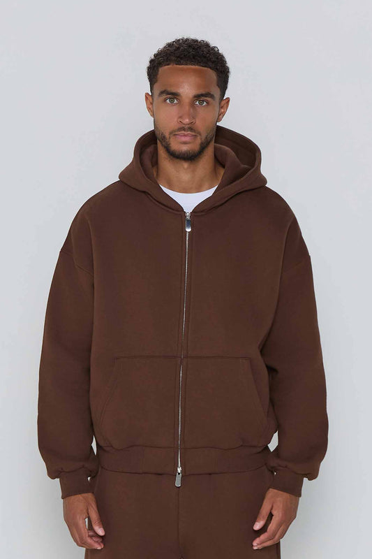 Relaxed Fit Zip Up Hoodie- Chocolate Brown