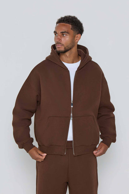 Relaxed Fit Zip Up Hoodie- Chocolate Brown